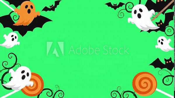 Halloween themed green screen border frame with ghosts bats and lollipops for chroma key animation