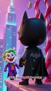 Chibi Batman chases Joker through a Gotham City built from dark licorice towers #batman #3dchibi