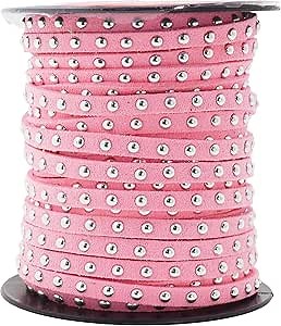 Mandala Crafts 20 Yards Pink Studded Faux Suede Cords Leather Trims - Flat Vegan Leather Lace Strips String with Silver Color Rivets for Jewelry Making, Crafts, Bracelets, and Decorations
