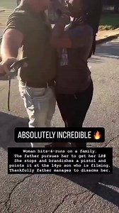 This lunatic woman hits and runs on a family. They chase her and she gets out of her car pointing a gun at them. Hero dad subdues and takes gun from her.