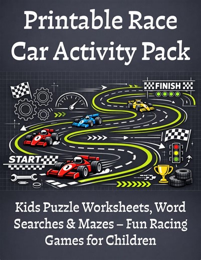 Printable Race Car Activity Pack – Kids Puzzle Worksheets, Word Searches & Mazes – Fun Racing Games for Children