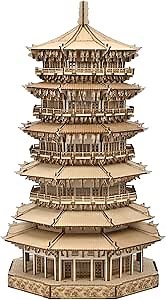 3D Wooden Puzzles for Adults - Wooden Pagoda 3D Puzzle, Creative Crafts for Adults, Birthday Christmas Party Favors, Home Decor Gift - Six-Storied Pagoda with LED Light (1287pcs)