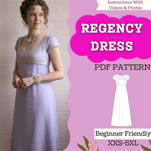 Regency Empire-waist Dress Sewing Pattern: Square Neck A-line Maxi (PDF Download, XXS–5XL) - Etsy
