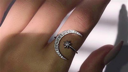 Crescent Moon & Star Zircon Ring, Adjustable Open Band, Women's Daily & Party Jewelry, Personalized Mother's Day & Anniversary Gift