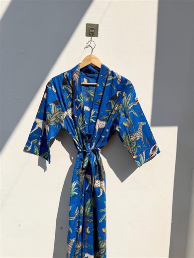 Handmade Cotton Kimono Robe - Blue Animal Print With Pockets - Etsy
