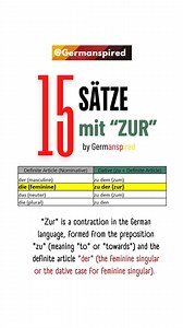 "Zur" is a contraction in the German language, formed from the preposition "zu" (meaning "to" or "towards") and the definite article "der" (the feminine singular or the dative case for feminine singular). It is used in contexts where "zu der" would be appropriate. Here are a few examples of how "zur" is used: Ich gehe zur Schule. (I am going to the school.) Wir fahren zur Arbeit. (We are driving to work.) Er kommt zur Party. (He is coming to the party.) Sie geht zur Universität. (She goes to the