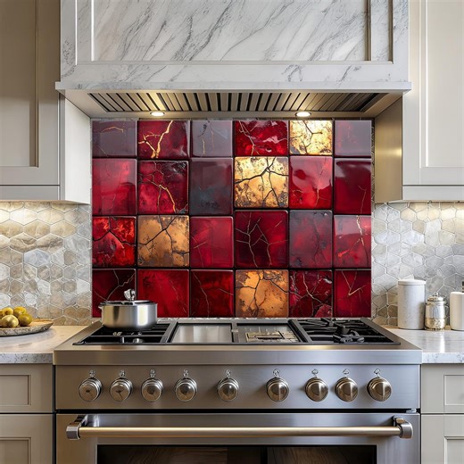 Red Stone Tiles Effect Tempered Glass Kitchen Backsplash: Decorative Stove Backsplash Panel - Etsy