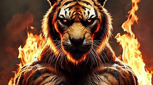 Download A Majestic Tiger Boldly Surrounded by Fiery Flames, Emanating Strength and Power for free