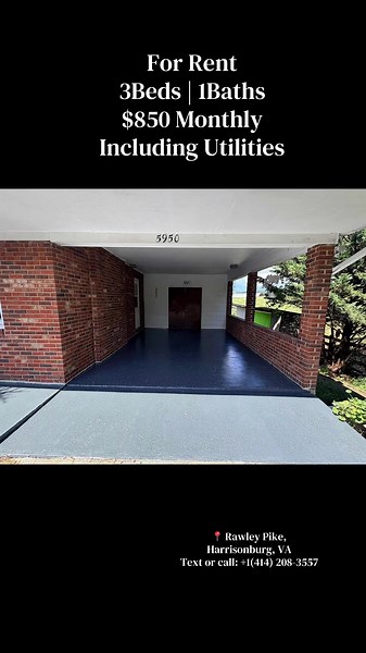 Rent $850 Deposit $400 Three-bedroom, one-bath single-family home available for lease. The property includes a covered carport and a washer and dryer shared with the downstairs tenant/owner#virginia#Harrisonburg#ApartmentHunting#MovelnReady#realestate