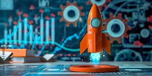 Rocket with data and graphs in the background symbolizing an innovative startup project and business growth, tech innovation, business expansion, growth strategy