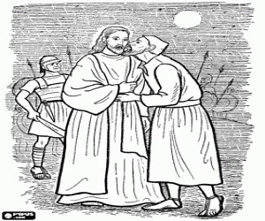 The kiss of Judas to Jesus coloring page printable game