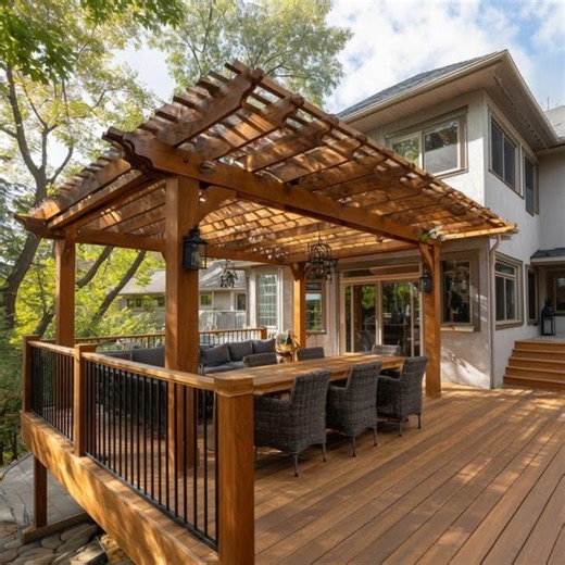 Wooden Deck Pergola Ideas | Attached Pergola with Outdoor Dining