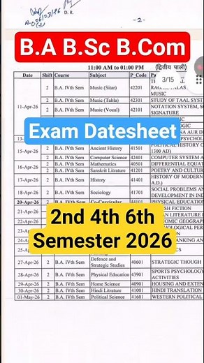 university exam Datesheet 2026 ba bsc bcom 2nd 4th 6th semester exam Datesheet time table schedule