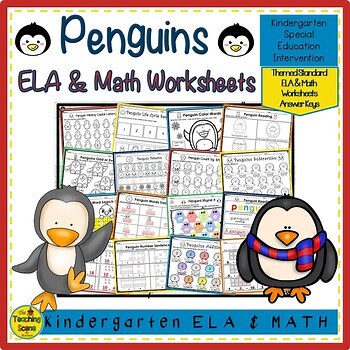 Penguin Themed Kindergarten ELA and Math Worksheets