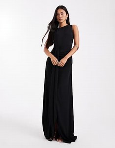 Six Stories Bridesmaids stretch high neck sleeveless maxi dress with ruched front in black | ASOS