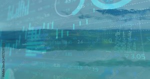 Candlestick chart fading over waves, bars shifting and gauges appearing to visualize data trends