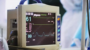 Medical respiratory life support systems hospital clinic. Artificial ventilation. Patient's condition stable, health monitor in intensive care, normal vital signs. Medicine, health care, critical care