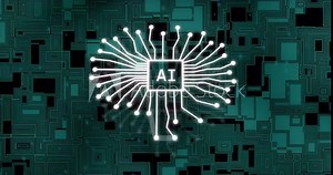 Animation of digital processor with ai text over moving shapes