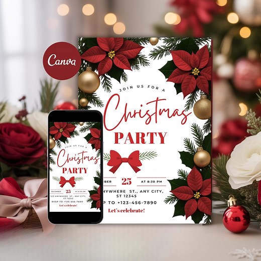 Editable Christmas Party Invitation Template - Canva Holiday Invite Card | Printable, Digital Instant Download - Etsy