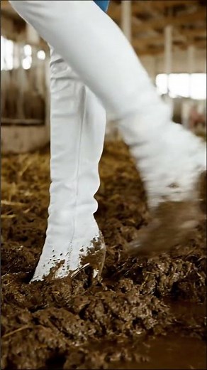Blonde Woman in High Heel Overknee Boots Walking in Muddy Barn Floor #bootsinmud #heels #ai #boots