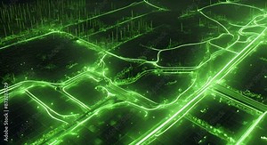 Smart grid with glowing green lines on dark showing renewable energy flow through a citys infrastructure Zero carbon technology 4k animation