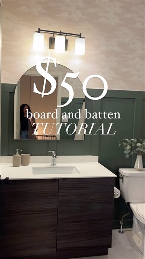 💰 $50 board and batten made for this economy (SAVE THIS) My best tip to save money- grab a 10 pack of 1x4 baseboards! They look the exact same and will save you HUNDREDS of dollars. Plus they are primed! Plan around the antlers and vanity to make the cuts easy! If you’re worried about the spacing, mine are 1-2” different on each wall, and you can’t tell. Use a pin nailer or glue. If you’re using a pin nailer, use the shortest nail possible. The caulk will act as a glue between the board and wal