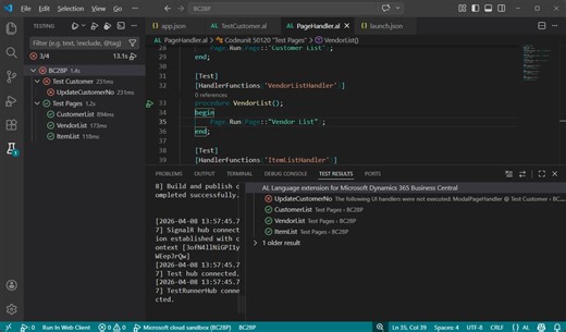 Business Central 2026 release wave 1 (BC28): Run AL tests from Visual Studio Code (Test codeunits and test methods)