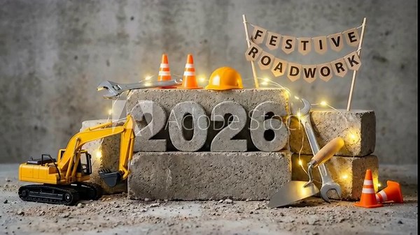 Number 2026 in lights: miniature excavator, hard hat, cone and tools on concrete blocks wrapped in fairy lights with a roadwork banner symbolizing new-year construction and progress