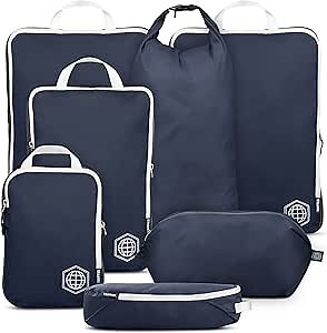 Large Compression Packing Cubes for Travel-Packing Cube Luggage Organizers 7 Piece Set for Checked Luggage-Ultralight, Expandable/Compression Bags by TRIPPED Travel Gear (Navy/White)