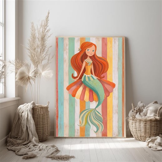 Printable Mermaid Nursery Wall Art - Playful Children’s Coastal Decor, Mermaid on Scallop Shell Illustration, Digital Download 1117 - Etsy