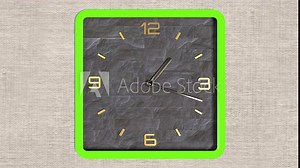 3d animation of square shape clock on the wall. Seamless pattern of time moving.