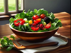Rustic, farm-to-table salad with various heirloom tomatoes and fresh greens arranged in a rustic wooden bowl, surrounded by fruits and vegetables in a lush garden setting