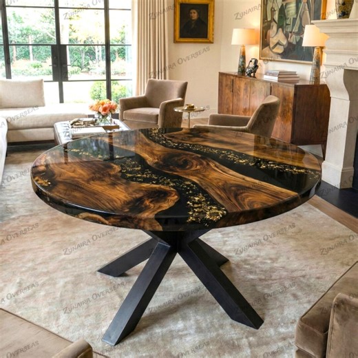 Rustic Round Coffee Table – Solid Wood and Black Epoxy Resin – Modern Living Room Decor - Etsy