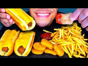 ASMR EATING CHEESE HOT DOGS CRISPY CHICKEN NUGGETS AND FRENCH FRIES JERRY NO TALKING MUKBANG