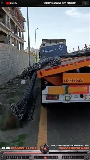 Strong & reliable rebar hauler UNLOADS heavy steel rebars #machinery #process