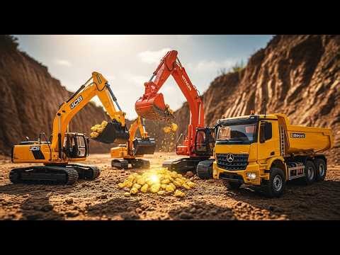 Realistic RC Gold Mining Site Excavator & Dump Truck Working.