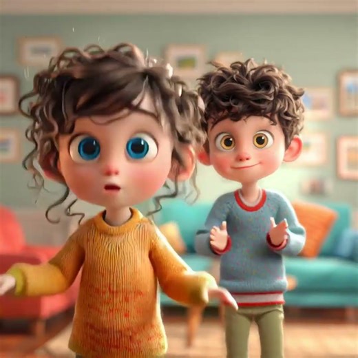Cute Kids Playing in a Cozy Living Room – Pixar Style 3D Cartoon