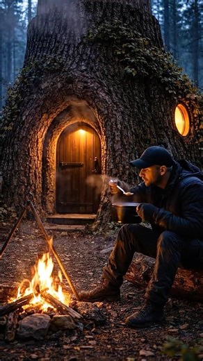 Hollow Giant Oak Shelter Build 🌲🪵🔥 #diy #survival #asmrbuild #bushcraft