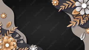 Gold and white flower border in black background animation. Animated Leaves and flowers grow and bloom. Suitable for elegant invitations, wedding designs, luxury brand marketing materials.
