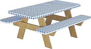 Picnic Table Cover with Bench Covers: 6ft Waterproof Elastic Fitted Tablecloth Cover - 3-Piece Set Vinyl Tablecloth with Flannel Backing for Picnic Camping Party Indoor Outdoor Blue Plaid 72"x30"