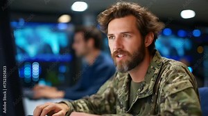 An army tech team in a data center runs AI threat simulations on generic simulation consoles screens showing abstract tactical data server racks humming AI threat simulation