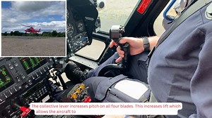 Powered by your donations! Pilot Clive lifts off 😊🚁 The collective lever, which he operates with his left hand, increases pitch on all four blades. This increases lift which allows the aircraft to go up, or reduces it allowing the aircraft to go down. The cyclic stick, which sits between the pilots legs, moves the aircraft forward, backwards, left and right. | Air Ambulance Northern Ireland