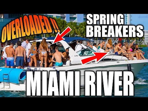 BOAT OVERLOADED WITH SPRING BREAKERS | MIAMI RIVER | DRONEVIEWHD [ BOATS & BABES IN BIKINIS]