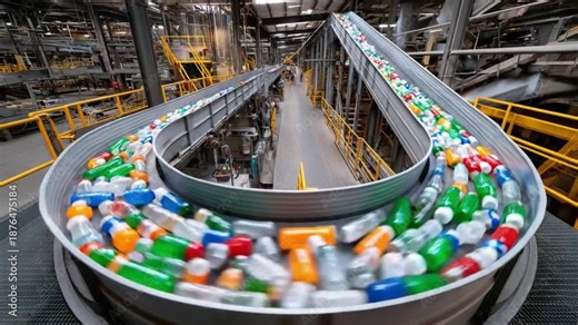 Automated Recycling Process: Capturing the intricate dance of sorting and processing in a large-scale recycling plant, revealing the systematic journey of recyclable materials.