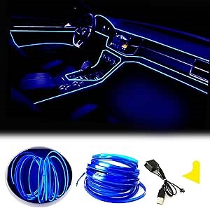 Maxlaxer El Wire Blue Interior Car LED Strip Lights, 10M Neon Wire USB 5V with Fuse Protection for Automotive Interior Decoration, with 6mm Sewing Edge