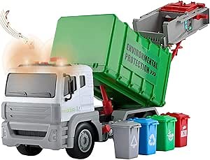 12.5" Friction Powered Garbage Truck with 4 Rear Loader Trash Sorting Cans | Lights and Sounds Buttons, City Recycling Waste Management Vehicle Kids Toy Sanitation Truck