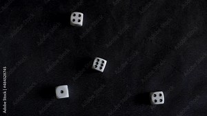 Four dice rolled, land on pair of 4s, 1 and 6. Fifth die rolls out of frame. Slow motion.