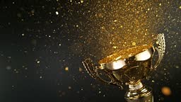 Super Slow Motion. Champion Golden Trophy with Exploding Gold...