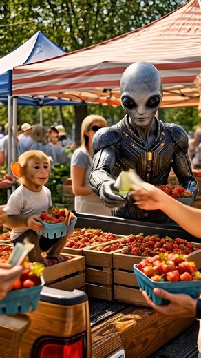 Alien & Baby Monkey Selling Strawberries at a Busy USA Market 🍓 (So Cute!) #usashorts #shorts
