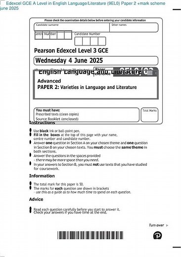 Pearson EDEXCEL A Level English Language Literature 9el0 June 2025 Paper